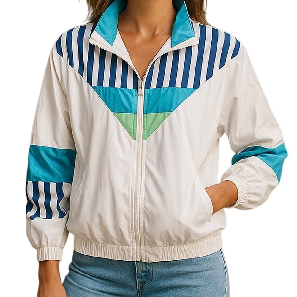 Vintage Koret Francisca 80s Striped Track Jacket Coat Colorblock Size MEDIUM